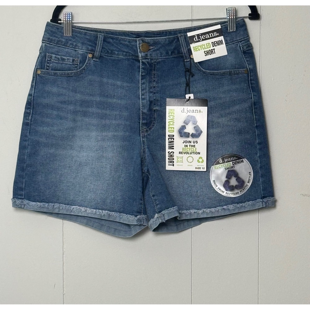 d.jeans Women's Recycled Denim Shorts Medium Wash Frayed Hem High Rise Eco Sz 12